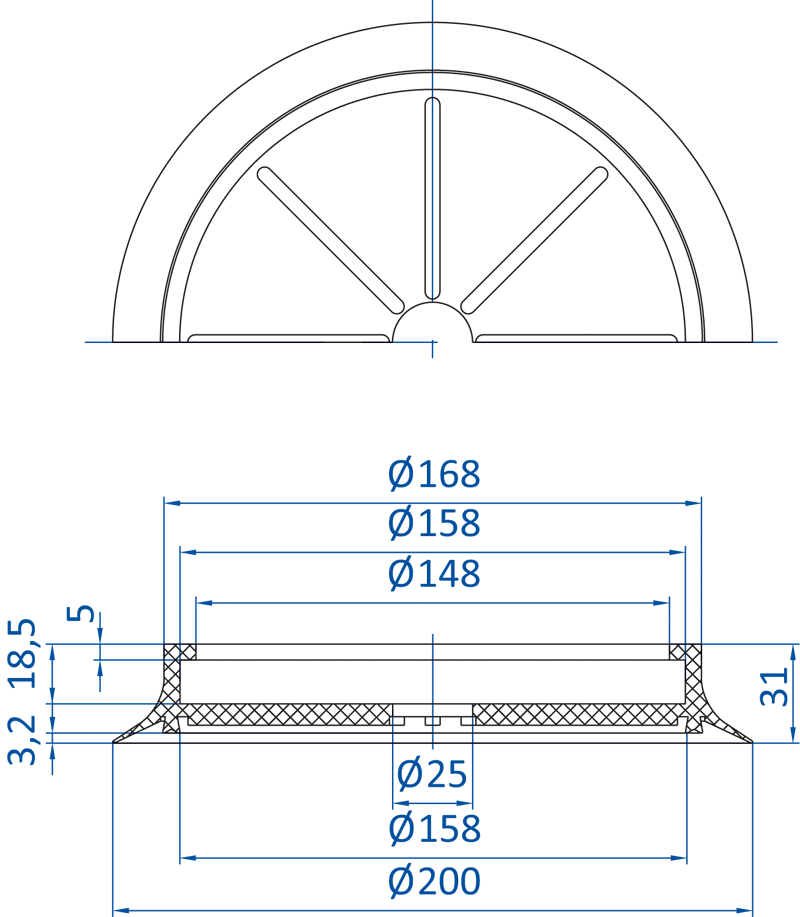 Размеры плоской вакуумной присоски FIPA серии SFU-R 102.200.350